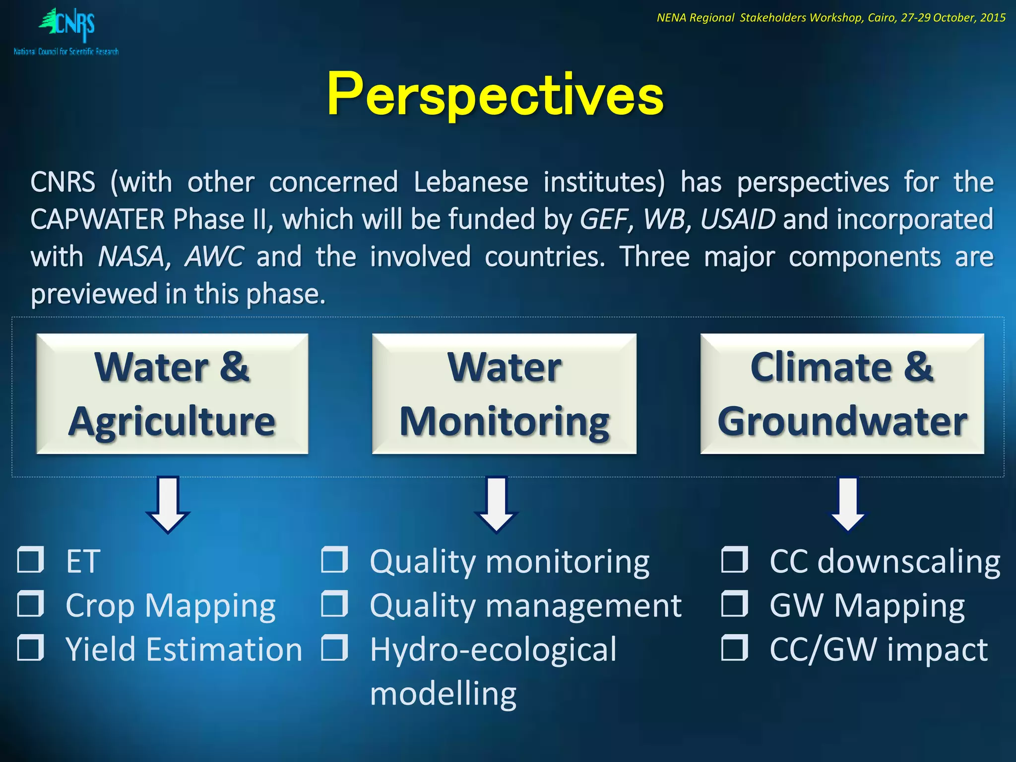 NENA Regional Stakeholders Workshop, Cairo, 27-29 October, 2015
Perspectives
Water &
Agriculture
Water
Monitoring
Climate &
Groundwater
 ET
 Crop Mapping
 Yield Estimation
 Quality monitoring
 Quality management
 Hydro-ecological
modelling
 CC downscaling
 GW Mapping
 CC/GW impact
CNRS (with other concerned Lebanese institutes) has perspectives for the
CAPWATER Phase II, which will be funded by GEF, WB, USAID and incorporated
with NASA, AWC and the involved countries. Three major components are
previewed in this phase.
 