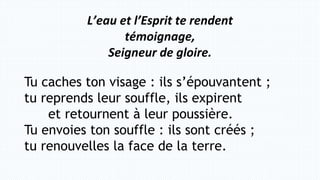 Tu caches ton visage : ils s’épouvantent ;
tu reprends leur souffle, ils expirent
et retournent à leur poussière.
Tu envoies ton souffle : ils sont créés ;
tu renouvelles la face de la terre.
L’eau et l’Esprit te rendent
témoignage,
Seigneur de gloire.
 