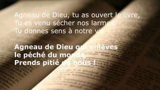 Agneau de Dieu, tu as ouvert le livre,
Tu es venu sécher nos larmes,
Tu donnes sens à notre vie !
Agneau de Dieu qui enlèves
le péché du monde,
Prends pitié de nous !
 