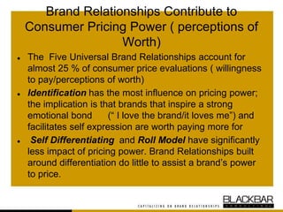 Brand Relationships Contribute to
Consumer Pricing Power ( perceptions of
Worth)
● The Five Universal Brand Relationships account for
almost 25 % of consumer price evaluations ( willingness
to pay/perceptions of worth)
● Identification has the most influence on pricing power;
the implication is that brands that inspire a strong
emotional bond (“ I love the brand/it loves me”) and
facilitates self expression are worth paying more for
● Self Differentiating and Roll Model have significantly
less impact of pricing power. Brand Relationships built
around differentiation do little to assist a brand’s power
to price.
 