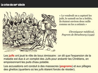 La crise du xıve siècle


                                                 « Le vendredi on a capturé les
                                                 juifs, le samedi on les a brûlés,
                                                 ils étaient environ deux mille
                                                 comme on les a estimés »


                                                        Chroniqueur médiéval,
                                                   Pogrom de Strasbourg (1349)




  Les juifs ont joué le rôle de bouc émissaire : on dit que l'expansion de la
  maladie est due à un complot des Juifs pour anéantir les Chrétiens, en
  empoisonnant les puits d'eau potable.
  Les accusations ont conduit à des massacres (pogroms) et aux pillages
  des ghettos (quartiers où les juifs étaient forcés de résider).
 