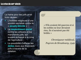La crise du xıve siècle



    La haine pour les juifs avait
    trois causes :
     L’hostilité religieuse d’une
        société sacralisé contre le
        « peuple déicide » ;          « Ils n’ont jamais voulu et si
                                         S'ils avaient été pauvres
                                      les nobles ne leur devaient
                                      prendre des métiers desur
                                      « Que son sang tombe paysan
     Le ressentiment social
                                      rien, et n'auraient pas ! »
                                      ou deils sur nos enfantsété
                                      nous berger, mais de
        contre les artisans et les
                                      brûlés »
                                      bourgeois, pour gagner de
        marchands juifs, qui
                                      l’argent sans se fatiguer. »
        avaient échappé à la crise                      Mt . VII (27,26)
        de l’agriculture ;                      Chroniqueur médiéval,
     La possibilité d’effacer les                        Chroniqueur,
                                         Pogrom de Strasbourg, 1349
        dettes dues aux financiers                          (XVIe siècle)
        juifs à travers de la
        délation.
 