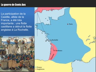 La guerre de Cents Ans


La participation de la
Castille, alliée de la
France, a été très
importante : une flotte                                           Paris
castillane a détruit la flotte
anglaise à La Rochelle.


                                                La Rochelle




                                                       Bordeaux




                                  France
                                  Angleterre
 