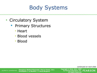 Copyright © 2016, 2011, 2009
by Pearson Education, Inc.
All Rights Reserved
Emergency Medical Responder: First on Scene, 10/e
Christopher J. Le Baudour | J. David Bergeron
Body Systems
• Circulatory System
 Primary Structures
• Heart
• Blood vessels
• Blood
continued on next slide
 