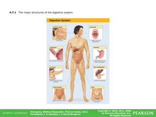 Copyright © 2016, 2011, 2009
by Pearson Education, Inc.
All Rights Reserved
Emergency Medical Responder: First on Scene, 10/e
Christopher J. Le Baudour | J. David Bergeron
4.7.1 The major structures of the digestive system.
 