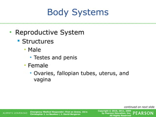 Copyright © 2016, 2011, 2009
by Pearson Education, Inc.
All Rights Reserved
Emergency Medical Responder: First on Scene, 10/e
Christopher J. Le Baudour | J. David Bergeron
Body Systems
• Reproductive System
 Structures
• Male
• Testes and penis
• Female
• Ovaries, fallopian tubes, uterus, and
vagina
continued on next slide
 