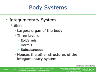 Copyright © 2016, 2011, 2009
by Pearson Education, Inc.
All Rights Reserved
Emergency Medical Responder: First on Scene, 10/e
Christopher J. Le Baudour | J. David Bergeron
Body Systems
• Integumentary System
 Skin
• Largest organ of the body
• Three layers
• Epidermis
• Dermis
• Subcutaneous
• Houses the other structures of the
integumentary system
continued on next slide
 
