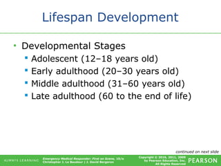 Copyright © 2016, 2011, 2009
by Pearson Education, Inc.
All Rights Reserved
Emergency Medical Responder: First on Scene, 10/e
Christopher J. Le Baudour | J. David Bergeron
Lifespan Development
• Developmental Stages
 Adolescent (12–18 years old)
 Early adulthood (20–30 years old)
 Middle adulthood (31–60 years old)
 Late adulthood (60 to the end of life)
continued on next slide
 