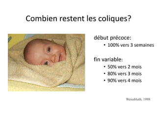 Combien restent les coliques?
début précoce:
• 100% vers 3 semaines
fin variable:
• 50% vers 2 mois
• 80% vers 3 mois
• 90% vers 4 mois
Weissbluth, 1998
 