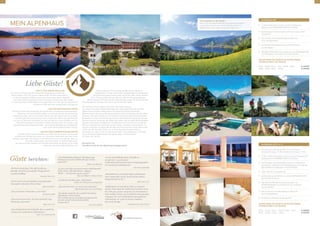MEIN.ALPENHAUS
ALPENHAUS.ZEIT
2 Übernachtungen in einem unserer behaglichen
Doppelzimmer ALPENWOHNEN.S mit Balkon
Reichhaltiges Frühstücksbuffet mit frisch zubereiteten
Eierspeisen
Late Check-Out am Abreisetag bis 18:00 Uhr
(nach Verfügbarkeit)
1x 5-Gänge Degustationsmenü mit dem Besten
aus der Region
Alle DAS ALPENHAUS Inklusivleistungen mit ALPEN.VEDA.SPA
und Fitnessraum mit modernen Cardio-Geräten
GESAMTPREIS PRO PERSON IM DOPPELZIMMER
ALPENWOHNEN.S MIT BALKON
15.04. – 15.06. | 01.07. – 27.07. | 25.08. – 26.10. € 233,00
16.06. – 30.06. | 28.07. – 24.08. € 244,00
ALPENHAUS.JETZT 4 = 3
Sie erhalten 4 Nächte zum Preis von 3 Nächten.
(Anreise Sonntag = 4 ÜN; Anreise Donnerstag = 3 ÜN)
3 oder 4 Übernachtungen in einem unserer behaglichen
Doppelzimmer ALPENWOHNEN.S mit Balkon
Reichhaltiges Frühstücksbuffet mit frisch zubereiteten
Eierspeisen, kräftigende Nachmittagsjause und 4-Gänge
Abendwahlmenü (alternativ Themenbuffets)
1 Glas Aperitif zur Begrüßung
1x Behandlung nach Wahl in unserem ALPEN.VEDA.SPA
(60 Verwöhnminuten)
Alle DAS ALPENHAUS Inklusivleistungen mit
ALPEN.VEDA.SPA und Fitnessraum mit modernen
Cardio-Geräten
Late Check-Out am Abreisetag bis 18:00 Uhr
(nach Verfügbarkeit)
Kostenloses Aktiv-Wochenprogramm
GESAMTPREIS PRO PERSON IM DOPPELZIMMER
ALPENWOHNEN.S MIT BALKON
15.04. – 15.06. | 01.07. – 27.07. | 25.08. – 26.10. € 439,00
16.06. – 30.06. | 28.07. – 24.08. € 529,00
… UND 73 TAGE SPÄTER WAR ALLES,
das schon im Vorfeld auf den Umbau-Planungsbildern so beeindru-
ckend aussah, noch viel schöner. Meine ersten Schritte, spät abends
vor der Hotelwiedereröffnung, durch das fertige Haus waren begleitet
von einem Gefühl geprägt von Stolz, Freude und Aufregung. Was werden
uns wohl die ersten Gästereaktionen bringen? Wie wird man das neue Alpenhaus
aufnehmen? Wie wird man es empﬁnden und spüren?
… UND EINE WINTERSAISON SPÄTER
sind Stolz und Freude gewachsen. Wir durften ganz wunderbare Gäste begrüßen.
Menschen, die sich mitreißen ließen von unserer Freude und unserer Be-
geisterung. Gäste, die uns seit vielen Jahren und Jahrzehnten die Treue halten
und den Aufenthalt schöner als je zuvor empfanden. Gäste aus aller Welt, die
uns neu das Vertrauen schenkten und uns als Dank für unser Schaffen und Tun
erfreuliche Feedbacks hinterließen. Zeilen und Worte, die für uns alle – das
gesamte Alpenhaus.Gastgeber.Team – die schönste Bestätigung und Motivation
sind. Einen Auszug daraus ﬁnden Sie hier.
… UND EIN PAAR SONNENAUFGÄNGE SPÄTER
ist sie da. Meine ganz persönliche schönste Zeit des Jahres. Frühling und
Sommer. Der Pinzgau taucht ein in ein herrliches Farbenspiel der Natur. Alles
erwacht, alles ﬂießt, das Lächeln in den Gesichtern wird noch weicher, denn wir
sind alle in dieser Zeit - alle Jahre wieder -in Aufbruchstimmung.
Der See ist wieder greifbar, der Golfplatz bespielbar, die Berge mit dem Rad
befahrbar, das traumhafte Gefühl des sich
Erdens sitzend im Gras im Zuge der Wanderung. Berge an
Möglichkeiten. Für Sie und für mich. Als gebürtige und viel gereiste
Burgenländerin gehört meine Liebe schon seit vielen Jahren meinem
wohl schönsten Plätzchen der Welt. Ich liebe die Pinzgauer Bergwelt,
die teils unberührte Natur und die bodenständige, echte und ehrliche Art der
Lebensweise hier. Das alles möchten wir gerne mit Ihnen teilen.
Wir möchten es Ihnen zeigen und es Sie selber spüren lassen.
Zum einen mit unserem Sport-Aktiv-Programm. Unser lieber Rudi und Christian
zeigen Ihnen als Insider liebend gerne die schönsten Fleckerl der Region.
Was auch immer Sie sehen oder wissen möchten. Rudi und Christian sind als „Natur-
burschen“ sehr gerne für Sie da. Zum anderen mit unseren Alpen.haus.gemachten.
Erlebnissen, immer mit Einbindung der Natur. Verschiedene Programme wie die
Pesermo Sommer akademie, das Alpenhaus.Fasten oder die Adler.Alfred.Aktivitäten
bringen für Sie Urlaub mit Mehrwert. Ein Mehrwert zum mit nach Hause nehmen.
Denn wir möchten Sie inspirieren, auf sich selber zu achten, hineinzuhören, zu
spüren und fröhlich zu leben. Mit der Natur als Freund an Ihrer Seite. Gerne lade
ich Sie auf den nächsten Seiten ein, in unser Alpenhaus.Leben hinein zu
schmökern. Ich habe schon einmal meinen Platz in der kräftigenden Frühlings-
sonne am Berg eingenommen. Sehr gerne zeige ich Ihnen diesen.
Ich freue mich auf Sie.
Herzlichst, Ihre
Tina Maria Verdi mit dem Alpenhaus.Gastgeber.Team
Gäste berichten:
„Die Gesichtsbehandlungen, Massagen und
Packungen waren wirklich sehr gut. Ich bin
begeistert.“
Elena aus Moskau
„Es war stets alles zu unserer besten Zufriedenheit“
Tolles Hotel, tolle Mitarbeiter, „Spitzen-
Küche“ – wir kommen gerne wieder!“
Kay aus Mylan in Deutschland
„ALLES war wirklich super, vielen Dank“
Tomas aus Tschechische Republik
„Alle sind sehr nett, wir waren sehr zufrieden.“
Olga & Alphonse aus Luxemburg
„Herzlichen Dank für den wirklich herrlichen
Aufenthalt in Ihrem Haus!
Wir möchten Ihnen ein großes Kompliment für
die hier vorherrschende Herzlichkeit
aussprechen.“
Julia aus Leipzig
„We had a lovely stay. The staff are all very
friendly. The food is wonderful. Thank you for
a perfect holiday.“
Andrew from U.K.
„Es herrscht so eine freundliche und angenehme
Atmosphäre überall in Ihrem Haus.“
Inge aus Krems
„Very nice hotel. It looks like a 5 star hotel.“
Ali from Kuwait
„Keep up the good work. We had a fantastic stay.
Thank you very much.“
Bob from U.K.
„Ich wünsche Ihnen viel Erfolg für dieses wunderba-
re Haus mit wunderbaren Mitarbeitern“
Karin aus Vöcklamarkt
„It was outstandingly clean. All staff are
exceptional – a great team!
I understand the hotel has been recently upgraded.
It is a fantastic establishment.“
Dan from Australia
„Beautiful hotel, wonderful staff, excellent food,
very comfortable rooms, lovely special touches.
Enjoyed pianist in bar.“
John from U.K.
„Staff helped enormously to make our stay feel
special. They made the children feel welcome at the
bar with pens, paper and games an entertained us
with excellent stories, great cocktails and congenial
company. Our room maid did an impeccable job
with keeping our rooms in perfect condition.
Also very friendly.“
Campbell from Abu Dhabi
www.alpenhaus-kaprun.at
Nun sind Sie an der Reihe.
Machen Sie sich selber ein Bild mit einem Aufenthalt im Rahmen
unserer Alpenhaus.Zeit oder unserem Alpenhaus.Jetzt und
proﬁtieren Sie von den Alpenhaus.Sonderarrangements:
Liebe Gäste!Liebe Gäste!
32
 