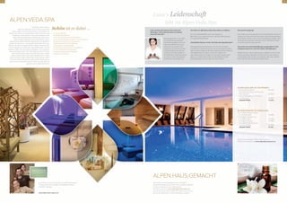 Luisa, du bist seit 8 Jahren SPA-Leiterin im
Alpenhaus. Was ist das Besondere an deinem
neuen SPA Bereich?
Mich begeistert nicht nur die Größe
und die schlichte aber gemütlich-
hochwertige Ausstattung. Durch die
2 Ebenen im SPA Bereich und die
strikte Trennung zwischen Pool-
Anlage oben und den Saunen, Ruhe-
und Behandlungsräumen darunter,
schaffen wir die ideale Intimität, um
den Bedürfnissen eines jeden gerecht
zu werden. So ﬁnden alle Gäste die
perfekte Ruhe und Entspannung.
ALPEN.VEDA.SPA IST SCHÖNHEIT
– Gesichtsbehandlung 80 MIN.
– Ganzkörperpeeling und Packung
nach Wunsch 60 MIN.
– Eine Kombination von Pediküre
und Maniküre 60 MIN.
GESAMTPREIS € 220,--
ALPEN.VEDA.SPA IST ERHOLUNG
– Eine Gesichtsbehandlung
für die Schönheit 80 MIN.
– Teilkörpermassage und
Fußreﬂexzonen 50 MIN.
– Eine Kopfmassage 20 MIN.
– Eine Ganzkörperpackung
“Sanft wie Seide“ 40 MIN.
GESAMTPREIS € 210,--
Weiter Anwendungen ﬁnden Sie in unserer
SPA Broschüre oder auf www.alpenhaus-kaprun.at.
Was halten Sie von selbstgekochten und eigens
produzierten Alpenhaus.Cremen? Als zusätzliche Wohltat
für Sie zum Abschluss einer Behandlung.
Schreiben Sie uns an tina.verdi@alpenhaus-kaprun.at
was Sie persönlich davon halten. Wir lassen uns von Ihnen
gerne dazu überreden, in eine Entwicklung zu gehen.
Luisa's Leidenschaft
lebt im Alpen.Veda.SpaALPEN.VEDA.SPA
Sie denken jetzt vielleicht:
Gibt’s da nicht etwas, das nennt sich Ayurveda?
Genau, gibt es. Und Ayurveda ist grob umschrieben das
Wissen vom Leben, eine traditionelle indische Heilkunst, die
verbreitet in Indien, Nepal und Sri Lanka praktiziert wird.
Diese Lebensweisheit oder Lebenswissenschaft wird in
unserem Alpen.Veda.Spa auf unsere Wurzeln, unsere
Regionalität und Beschaffenheit abgewandelt. Eine Wohltat im
Ausmaß von Ayurveda – mit regionaler Authentizität. Eine Kom-
bination von Natur und Naturprodukten, Wasser, meditativer Wir-
kung der Berge und wohltuenden, geschulten Händen, die sich
wiederum selber den persönlichen Ausgleich in der herrlichen
Natur des Pinzgau holen. Eine Übertragung auf Ihren Körper,
Ihren Geist und Ihre Seele. Ayurveda wird dann ein klein
wenig zu Alpen.Veda.Qi Gong zum Beispiel wird zu Berg.
Gong und Studio Yoga zu Berg.Yoga. Klingt doch gut, oder?
Ist es auch, denn wir wissen es ganz genau. Weil es genau
das ist, was wir persönlich auch tun. Denn es macht gesund,
glücklich und vor allem lebensfroh.
Schön ist es dabei …
– im neuen Innenpool
– im blubbernden Whirlpool
– in der neuen Familiensauna im Poolbereich
– im neuen Saunabereich auf Ebene 2 mit sechs Saunen:
Biosauna, ﬁnnischer Sauna, Textilsauna im
Schwimmbadbereich, Salz-Dampfbad,
2 Ruheräumen mit Wasserbetten
– im Fitnessraum mit modernen Cardio-Geräten
– in den 5 neuen Behandlungsräumen
– im beheizten Außenpool mit Bergblick
– im Garten mit Liegewiese
Luisa, Marina und Ivo verwenden für alle Behandlungen
im Alpen.Veda.Spa Produkte der 100%igen Pﬂanzen-
kosmetik Vagheggi.
www.alpenhaus-kaprun.at
Die Gäste im Alpenhaus wissen das sicher zu schätzen.
Der neue ALPEN.VEDA.SPA kommt hervorragend an.
Mein Team und ich sorgen mit unseren natürlichen Behandlungen
für zusätzliches Wohlbeﬁnden.
Natürlichkeit liegt im Trend. Was bietet das Alpenhaus hier?
Mit Vagheggi Phytocosmetici haben wir uns für eine Kosmetiklinie
entschieden, die seit fast vierzig Jahren auf naturkosmetische Produkte
setzt. Die besten Zutaten aus der Natur, ausgesucht nach Fair-Trade und
Nachhaltigkeit. Wir sind in Kaprun in einer der schönsten und
spannendsten Regionen der Alpen. Der schonende Umgang mit der
Natur ist uns wichtig, daher müssen auch die Produkte zu unserer
Philosophie passen. Aber wir haben noch mehr zu bieten.
Das macht neugierig!
Neu im Alpenhaus ist die apparative Kosmetik. Mit speziellen Geräten und
Verfahren wie Ultraschall sowie Hochfrequenz zielen die Wirkstoffe direkt
auf die Stellen im Körper, in denen sie ihre beste Wirkung entfalten. Dabei
ist die Behandlung komplett schmerzfrei. Auch im Detox-Bereich haben
wir hier sehr gute Erfahrungen gemacht.
Das macht Lust, deine Behandlungen auszuprobieren! Wie
entspannst du privat? Auch mit solchen Behandlungen?
Natürlich! Ich kann meinen Gästen ja nichts empfehlen, wovon ich nicht
selbst überzeugt bin. Nebenbei ist die Natur für mich sehr wichtig. In
unseren Bergen ﬁnde ich Ruhe zum Abschalten. Mein Hund Hatchiko
hilft mir hier und zieht mich bei jedem Wetter hinaus.
ALPEN.HAUS.GEMACHT
54
 
