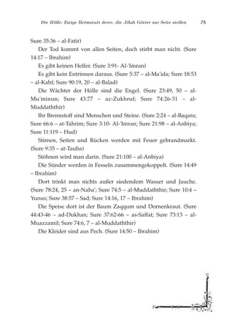 Die Hölle: Ewige Heimstatt derer, die Allah Götter zur Seite stellen 75
Sure 35:36 – al-Fatir)
Der Tod kommt von allen Seiten, doch stirbt man nicht. (Sure
14:17 – Ibrahim)
Es gibt keinen Helfer. (Sure 3:91- Al-'Imran)
Es gibt kein Entrinnen daraus. (Sure 5:37 – al-Ma'ida; Sure 18:53
– al-Kahf; Sure 90:19, 20 – al-Balad)
Die Wächter der Hölle sind die Engel. (Sure 23:49, 50 – al-
Mu'minun; Sure 43:77 – az-Zukhruf; Sure 74:26-31 – al-
Muddaththir)
Ihr Brennstoff sind Menschen und Steine. (Sure 2:24 – al-Baqara;
Sure 66:6 – at-Tahrim; Sure 3:10- Al-'Imran; Sure 21:98 – al-Anbiya;
Sure 11:119 – Hud)
Stirnen, Seiten und Rücken werden mit Feuer gebrandmarkt.
(Sure 9:35 – at-Tauba)
Stöhnen wird man darin. (Sure 21:100 – al-Anbiya)
Die Sünder werden in Fesseln zusammengekoppelt. (Sure 14:49
– Ibrahim)
Dort trinkt man nichts außer siedendem Wasser und Jauche.
(Sure 78:24, 25 – an-Naba'; Sure 74:5 – al-Muddaththir; Sure 10:4 –
Yunus; Sure 38:57 – Sad; Sure 14:16, 17 – Ibrahim)
Die Speise dort ist der Baum Zaqqum und Dornenkraut. (Sure
44:43-46 – ad-Dukhan; Sure 37:62-66 – as-Saffat; Sure 73:13 – al-
Muazzamil; Sure 74:6, 7 – al-Muddaththir)
Die Kleider sind aus Pech. (Sure 14:50 – Ibrahim)
 