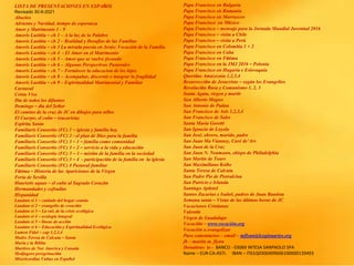 LISTA DE PRESENTACIONES EN ESPAÑOL
Revisado 30-9-2021
Abuelos
Adviento y Navidad, tiempo de esperanza
Amor y Matrimonio 1 - 9
Amoris Laetitia – ch 1 – A la luz de la Palabre
Amoris Laetitia – ch 2 – Realidad y Desafíos de las Familias
Amoris Laetitia – ch 3 La mirada puesta en Jesús: Vocación de la Familia
Amoris Laetitia – ch 4 - El Amor en el Matrimonio
Amoris Laetitia – ch 5 – Amor que se vuelve fecundo
Amoris Laetitia – ch 6 – Algunas Perspectivas Pastorales
Amoris Laetitia – ch 7 – Fortalecer la educacion de los hijos
Amoris Laetitia – ch 8 – Acompañar, discernir e integrar la fragilidad
Amoris Laetitia – ch 9 – Espiritualidad Matrimonial y Familiar
Carnaval
Cristo Vive
Dia de todos los difuntos
Domingo – día del Señor
El camino de la cruz de JC en dibujos para niños
El Cuerpo, el culto – (eucarisía)
Espíritu Santo
Familiaris Consortio (FC) 1 – iglesia y familia hoy
Familiaris Consortio (FC) 2 - el plan de Dios para la familia
Familiaris Consortio (FC) 3 – 1 – familia como comunidad
Familiaris Consortio (FC) 3 – 2 – servicio a la vida y educación
Familiaris Consortio (FC) 3 – 3 – misión de la familia en la sociedad
Familiaris Consortio (FC) 3 – 4 - participación de la familia en la iglesia
Familiaris Consortio (FC) 4 Pastoral familiar
Fátima – Historia de las Apariciones de la Virgen
Feria de Sevilla
Haurietis aquas – el culto al Sagrado Corazón
Hermandades y cofradías
Hispanidad
Laudato si 1 – cuidado del hogar común
Laudato si 2 – evangelio de creación
Laudato si 3 – La raíz de la crisis ecológica
Laudato si 4 – ecología integral
Laudato si 5 – líneas de acción
Laudato si 6 – Educación y Espiritualidad Ecológica
Lumen Fidei – cap 1,2,3,4
Madre Teresa de Calcuta – Santa
María y la Biblia
Martires de Nor America y Canada
Medjugore peregrinación
Misericordiae Vultus en Español
Papa Francisco en Bulgaria
Papa Francisco en Rumania
Papa Francisco en Marruecos
Papa Francisco en México
Papa Francisco – mensaje para la Jornada Mundial Juventud 2016
Papa Francisco – visita a Chile
Papa Francisco – visita a Perú
Papa Francisco en Colombia 1 + 2
Papa Francisco en Cuba
Papa Francisco en Fátima
Papa Francisco en la JMJ 2016 – Polonia
Papa Francisco en Hugaría e Eslovaquia
Queridas Amazoznia 1,2,3,4
Resurrección de Jesucristo – según los Evangelios
Revolución Rusa y Comunismo 1, 2, 3
Santa Agata, virgen y martir
San Alberto Magno
San Antonio de Padua
San Francisco de Asis 1,2,3,4
San Francisco de Sales
Santa Maria Goretti
San Ignacio de Loyola
San José, obrero, marido, padre
San Juan Ma Vianney, Curé de’Ars
San Juan de la Cruz
San Juan N. Neumann, obispo de Philadelphia
San Martin de Tours
San Maximiliano Kolbe
Santa Teresa de Calcuta
San Padre Pio de Pietralcina
San Patricio e Irlanda
Santiago Apóstol
Santos Zacarias e Isabel, padres de Juan Bautista
Semana santa – Vistas de las últimas horas de JC
Vacaciones Cristianas
Valentín
Virgen de Guadalupe
Vocación – www.vocación.org
Vocación a evangelizar
Para comentarios – email – mflynn@lcegionaries.org
fb – martin m. flynn
Donations to - BANCO - 03069 INTESA SANPAOLO SPA
Name – EUR-CA-ASTI. IBAN – IT61Q0306909606100000139493
 