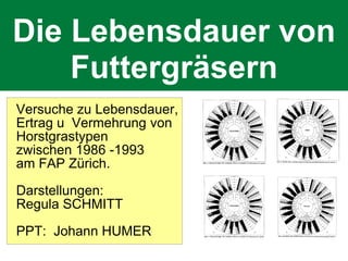 Die Lebensdauer von
Futtergräsern
Versuche zu Lebensdauer,
Ertrag u Vermehrung von
Horstgrastypen
zwischen 1986 -1993
am FAP Zürich.
Darstellungen:
Regula SCHMITT
PPT: Johann HUMER

 