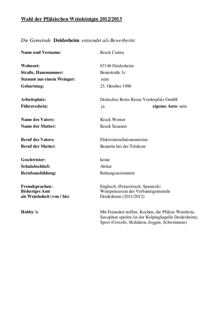 wahl der pflzischen weinknigin 20122013die gemeinde deidesheim entsendet als bewerberinname und vorname - Lebenslauf Fuhrerschein wahl der pflzischen weinknigin 20122013die gemeinde deidesheim entsendet als bewerberinname und vorname - Lebenslauf Fuhrerschein