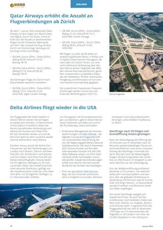 30 Januar 2022
AIRLINES
Qatar Airways erhöht die Anzahl an
Flugverbindungen ab Zürich
Delta Airlines fliegt wieder in die ...