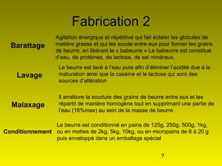 7
Fabrication 2
Lavage
Barattage
Malaxage
Conditionnement
Agitation énergique et répétitive qui fait éclater les globules de
matière grasse et qui les soude entre eux pour former les grains
de beurre, en libérant le « babeurre » Le babeurre est constitué
d’eau, de protéines, de lactose, de sel minéraux,
Le beurre est lavé à l’eau pure afin d’éliminer l’acidité due à la
maturation ainsi que la caséine et le lactose qui sont des
sources d’altération
Il améliore la soudure des grains de beurre entre eux et les
répartit de manière homogène tout en supprimant une partie de
l’eau (16%max) au sein de la masse de beurre
Le beurre est conditionné en pains de 125g, 250g, 500g, 1kg,
ou en mottes de 2kg, 5kg, 10kg, ou en micropains de 8 à 20 g
puis enveloppé dans un emballage spécial
 