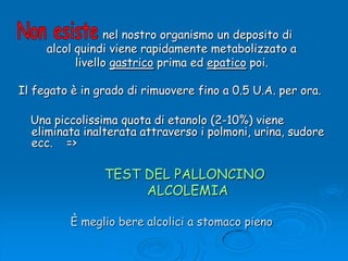                nel nostro organismo un deposito di alcol quindi viene rapidamente metabolizzato a livello gastrico prima ed epatico poi. Il fegato è in grado di rimuovere fino a 0.5 U.A. per ora.Una piccolissima quota di etanolo (2-10%) viene eliminata inalterata attraverso i polmoni, urina, sudore ecc.    =>TEST DEL PALLONCINO        ALCOLEMIAÈ meglio bere alcolici a stomaco pienoNon esiste