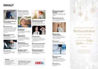 16
LEBENSMACHT SPIRITUALITÄT
In seinem neuen Buch „Macht der
Spiritualität“ hält der Autor, Theologe
und Lebensberater Andreas Schnider
ein Plädoyer für Spiritualität in der
Lebensberatung.
19
ACHTSAMKEIT UND
SELBSTMITGEFÜHL
Über die tragende Rolle von Achtsamkeit
und Selbstmitgefühl in der Prävention und
Therapie von Burnout.
20
BUCHVORSTELLUNG:
BURNOUT-LÜGE & CO.
Die Ärztin und Psychotherapeutin
Martina Leibovici-Mühlberger sorgt mit
ihren Publikationen immer wieder für
heftige Diskussionen.
21
BUCHVORSTELLUNG:
DREIMAL HÖLLE UND RETOUR
In seinem neuen Buch schildert Karl
Nessmann schonungslos seine eigenen
Erfahrungen mit Burnout, Sucht und
Depression.
22
GELASSENHEIT – EINE FRAGE
DER INNEREN HALTUNG
Gelassenheit kann gelernt und trainiert
werden. Und der Weg führt über das
Scheitern.
06
LSB KLAGT GEGEN DISKRIMINIERUNG
CAUSA SUPERVISION:
Die steirische LSB-Fachgruppe klagt das
Land Steiermark. Hier die Hintergründe.
08
KEIN EINLENKEN IN SICHT
Andreas Herz, MSc, Fachverbandsobmann
und Obmann der steirischen Fachgruppe,
und Rechtsanwalt Dr. Thomas Neger über
die Gründe für die Klage gegen das Land
Steiermark und die Folgen für andere
Bundesländer.
10
MEDIATIVE KOMPETENZ IN DER
LEBENSBERATUNG
Mediative Zugänge leisten in der Lebens-
beratung einen wertvollen Beitrag zur
Entscheidungsfindung.
13
DER ZUKUNFTS-CODE
Der rasante Wandel der Lebenswelten
erweist sich als Riesenchance für die
Lebensberatung.
26
SCHAUPLATZ SCHULE – WENN ELTERN
SICH STREITEN, LEIDEN KINDER
Die Expertinnen und Experten der
Lebens- und Sozialberatung stehen beim
Konfliktmanagement hilfreich zur Seite.
29
WACHSEN IM SPIELEN
Innovative Beratungskonzepte:
Theaterspielen unter beraterischer und
theaterpädagogischer Anleitung erschließt
neue Zugänge zur eigenen Person und
lässt diese wachsen.
32
MENSCHLICHKEIT IM UNTERNEHMEN
Auch Führungskräfte sollten sich nicht
scheuen, im Rahmen des „Betrieblichen
Gesundheitsmanagements“ psychologi-
sche Beratung in Anspruch zu nehmen.
34
TERRITORIALKONFLIKT ODER DAS
RESPEKTIEREN VON GRENZEN
Territorialkonflikte beherrschen nicht nur
das Weltgeschehen, sondern auch unser
Berufs- und Privatleben.
INHALT
36
BUCHVORSTELLUNG SYSTEMISCHE
STRUKTURAUFSTELLUNGEN IN
DREI BÄNDEN
Drei Fachbücher aus der Feder der in Wien
tätigen Lebens- und Sozialberaterin Ursula
Vorhemus.
38
ERNÄHRUNGSTREND LOW CARB
Low-Carb-Diäten in aller Munde. Was
bringen sie, welche Nachtteile haben sie?
Gibt es auch Gefahren?
42
BUCHVORSTELLUNG
SUPERFOOD & SENSORIK
„Schwarzbuch Superfood“ und „Die
sensorische Fachsprache“: zwei Standard-
werke der Ernährungswissenschaftlerin
Caroline Schlinter-Maltan.
43
LOW-CARB-REZEPT
Nehmen Sie sich eine kurze Auszeit und
genießen Sie ein klassisches Ossobuco.
44
BEWEGUNG MACHT DEN
UNTERSCHIED
Gezieltes Training: 200 Minuten pro
Woche, die das Leben verändern können –
ein weites Betätigungsfeld für sportwissen-
schaftliche Beraterinnen und Berater.
48
LSB-SCHAUFENSTER
News und Initiativen aus den
Bundesländern.
Verantwortliche und MitarbeiterInnen der
Fachgruppen und des Fachverbands
Personenberatung und Personenbetreuung
der Wirtschaftskammer Österreich
EIN FROHES, FRÖHLICHES
Weihnachtsfest
UND EIN GESUNDES,
ERFOLGREICHES,
GLÜCKLICHES Jahr
2019WÜNSCHEN
IHNEN
IMPRESSUM
Herausgeber und Medieninhaber:
Wirtschaftskammer Österreich
Fachverband Personenberatung
und Personenbetreuung
Wiedner Hauptstraße 63, 1045 Wien
www.lebensberater.at
Redaktionelle Betreuung: Dr. Wolfgang Wildner
Layout, Grafik und Illustrationen (Portraits):
DI (FH), B.A. Irene Fauland, kreativnetzwerk.at
Druck: Druckhaus Thalerhof GesmbH
Fotos: Adobe Stock, Shutterstock
 