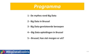 Programma
5/20
1 - De mythes rond Big Data
2 - Big Data in Brussel
3 - Big Data-gerelateerde beroepen
4 – Big Data opleidingen in Brussel
5 – Brussel; hoe ziet morgen er uit?
 