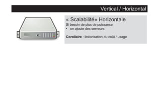 Vertical / Horizontal
« Scalabilité» Horizontale
Si besoin de plus de puissance
• on ajoute des serveurs
Corollaire : linéarisation du coût / usage

 