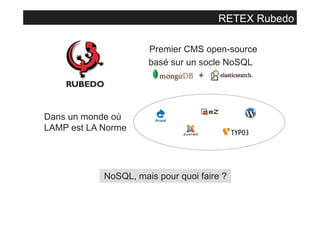 RETEX Rubedo
Premier CMS open-source
basé sur un socle NoSQL
+

Dans un monde où
LAMP est LA Norme

NoSQL, mais pour quoi faire ?

 