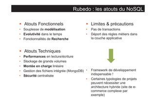 Rubedo : les atouts du NoSQL
§ Atouts Fonctionnels

§ Limites & précautions

• Souplesse de modélisation
• Evolutivité dans le temps
• Fonctionnalités de Recherche

•
•

Pas de transactions
Déport des règles métiers dans
la couche applicative

§ Atouts Techniques
•
•
•
•
•

Performances en lecture/écriture
Stockage de grands volumes
Montée en charge linéaire
Gestion des fichiers intégrée (MongoDB) •
Sécurité centralisée
•

Framework de développement
indispensable !
Certaines typologies de projets
peuvent nécessiter une
architecture hybride (site de ecommerce complexe par
exemple)

 