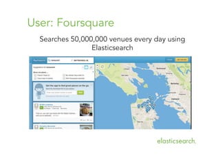 User: Foursquare
Searches 50,000,000 venues every day using
Elasticsearch

 