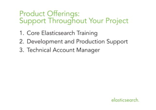 Product Offerings:
Support Throughout Your Project
1.  Core Elasticsearch Training
2.  Development and Production Support
3.  Technical Account Manager

 