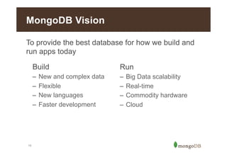 MongoDB Vision
To provide the best database for how we build and
run apps today
Build
–  New and complex data
–  Flexible
–  New languages
–  Faster development

16

Run
–  Big Data scalability
–  Real-time
–  Commodity hardware
–  Cloud

 