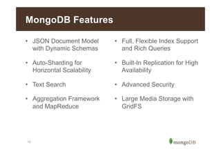 MongoDB Features
• JSON Document Model
with Dynamic Schemas

• Full, Flexible Index Support
and Rich Queries

•  Auto-Sharding for
Horizontal Scalability

•  Built-In Replication for High
Availability

•  Text Search

•  Advanced Security

•  Aggregation Framework
and MapReduce

•  Large Media Storage with
GridFS

19

 