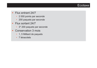 Ecotaxe
§ Flux entrant 24/7
• 2 000 points par seconde
• 200 paquets par seconde

§ Flux sortant 24/7
• 3* 200 paquets par seconde

§ Conservation 3 mois
• 1, 5 Milliard de paquets
• 7 téraoctets

 