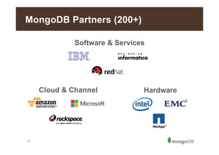 MongoDB Partners (200+)
Software & Services

Cloud & Channel

22

Hardware

 