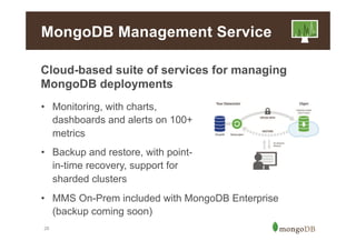 MongoDB Management Service
Cloud-based suite of services for managing
MongoDB deployments
•  Monitoring, with charts,
dashboards and alerts on 100+
metrics
•  Backup and restore, with pointin-time recovery, support for
sharded clusters
•  MMS On-Prem included with MongoDB Enterprise
(backup coming soon)
26

 