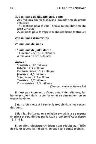 86 • LE BLÉ ET L’IVRAIE
370 millions de bouddhistes, dont:
210 millions pour le Mahâyâna (bouddhisme du grand
véhicule)
140 millions pour la voie Theravâda (bouddhisme du
petit véhicule)
22 millions pour le Vajrayâna (bouddhisme tantrique)
250 millions d’animistes
25 millions de sikhs
15 millions de juifs, dont :
11 millions de rite ashkénaze
4 millions de rite séfarade
Autres :
Spiritistes : 12 millions
Baha’is : 7,5 millions
Confucianistes : 6,5 millions
Jaïnistes : 4,5 millions
Shintoïstes : 2,7 millions
Taoïstes : 2,7 millions
Zoroastristes : 2,5 millions
(Source : espace-citoyen.be)
Il n’est pas étonnant qu’avec autant de religions, les
hommes soient dans la confusion et se demandent où se
trouve la vérité.
Satan a bien réussi à semer le trouble dans les coeurs
des gens.
Selon les Écritures, une religion syncrétiste se mettra
en place et sera dirigée par le faux prophète d’Apocalypse
13:11-18.
Et en effet, plusieurs chrétiens sont séduits par l’idée
de réunir toutes les religions en une seule entité globale.
 
