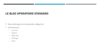 LE BLOC OPERATOIRE STANDARD
 Nous distinguons trois grandes catégories :
• L’architecture
• Les murs
• Plafond
• Dalle, Sols
• Affichage
• Porte
 