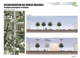 RECONFIGURATION DES VOIRIES MAJEURES
Stratégies paysagères et arborées
AVENUE DES PAYS BAS




                             Etat existant




                                                                                           1/350




                             Projet


                                             Alignement   Alternative :       Alignement
                                              conservé    - sans alignement     projeté
                                                          - avec alignement




                                                                                           1/350
 