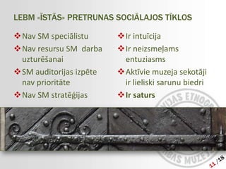 LEBM «ĪSTĀS» PRETRUNAS SOCIĀLAJOS TĪKLOS

Nav SM speciālistu      Ir intuīcija
Nav resursu SM darba    Ir neizsmeļams
 uzturēšanai              entuziasms
SM auditorijas izpēte   Aktīvie muzeja sekotāji
 nav prioritāte           ir lieliski sarunu biedri
Nav SM stratēģijas      Ir saturs
 