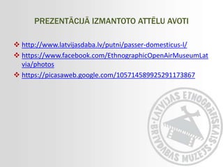 PREZENTĀCIJĀ IZMANTOTO ATTĒLU AVOTI

 http://www.latvijasdaba.lv/putni/passer-domesticus-l/
 https://www.facebook.com/EthnographicOpenAirMuseumLat
  via/photos
 https://picasaweb.google.com/105714589925291173867
 