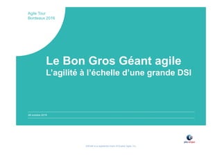 SAFe® is a registered mark of Scaled Agile, Inc.
28 octobre 2016
Agile Tour
Bordeaux 2016
Le Bon Gros Géant agile
L’agilité à l’échelle d’une grande DSI
 