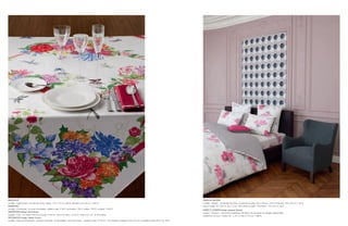 BEAUVILLÉ                                                                                                                                                                             ANNE DE SOLÈNE
modèle « Palais Royal » en satin de coton, nappe, 170 x 170 cm, 280 €, serviette, 52 x 52 cm, 15,50 €.                                                                                modèle « Margot » en percale de coton, housse de couette, 240 x 220 cm, 215 €, drap plat, 240 x 310 cm, 145 €,
SAMBONET                                                                                                                                                                              taies d’oreiller, 65 x 65 cm, 50 x 75 cm, 49 € pièce, coussin « Flamenco », 40 x 40 cm, 49 €.
modèle « Continental » en acier inoxydable, cuillère à café, 5,30 €, fourchette, 7,80 €, cuillère, 7,80 €, couteau, 14,90 €.
                                                                                                                                                                                      MARIE’S CORNER design Jacques Deneef
WATERFORD design John Rocha
                                                                                                                                                                                      fauteuil « Anniston », structure et piètement en hêtre, dos et assise sur sangles capitonnées,
modèle « Folio » en cristal, verre à vin rouge, H 26 cm, verre à vin blanc, H 23 cm, ﬂûte, H 31 cm, 31,50 € pièce.
                                                                                                                                                                                      revêtement en tissu « Dalton 45 », L 67 x H 85 x P 79 cm, 1 660 €.
WEDGWOOD design Jasper Conran
modèle « Diamond Embossed - Diamant embossé » en porcelaine « ﬁne bone china », assiette à pain, Ø 18 cm, 19 €, assiette à dessert, Ø 23 cm, 24 €, assiette à dîner, Ø 27 cm, 28 €.
 