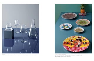 BACCARAT                                                                                                                                                BERNARDAUD design Les Frères Campana
modèle « Château » en cristal, verre à vin rouge, H 21,7 cm, 70 €, verre à vin blanc, H 20,5 cm, 70 €, gobelet, H 9 cm, 45 €, carafe, H 27 cm, 290 €.   modèle « Euro Tropiques » en porcelaine de Limoges, coffret de 6 assiettes à pain assorties, Ø 16 cm, 226 €,
                                                                                                                                                        coffret de 6 assiettes à dessert assorties, Ø 21 cm, 341 €, coffret de 6 assiettes à dîner assorties, Ø 26 cm, 372 €,
                                                                                                                                                        assiette de présentation, Ø 31 cm, 115 €, coupe, Ø 36 cm, 310 €.
 