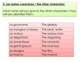 3. Les autres caractères / the other characters:
what name will you give to the other characters / how
will you describe t...