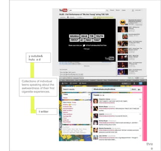 y outube&
     hulu a d




Collections of individual
teens speaking about the
awkwardness of their first
cigarette experiences.




             t witter




                             thre
                                e
 