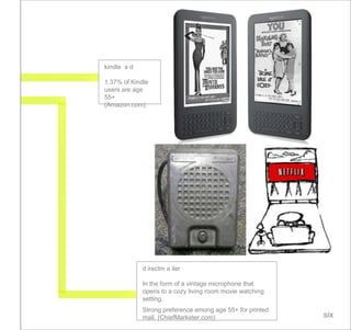 kindle a d

1.37% of Kindle
users are age
55+
(Amazon.com)




             d irectm a iler

             In the form of a vintage microphone that
             opens to a cozy living room movie watching
             setting.
             Strong preference among age 55+ for printed
             mail. (ChiefMarketer.com)                     six
 