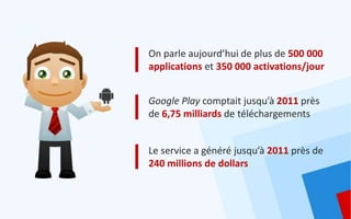 On parle aujourd’hui de plus de 500 000
applications et 350 000 activations/jour


Google Play comptait jusqu’à 2011 près
de 6,75 milliards de téléchargements


Le service a généré jusqu’à 2011 près de
240 millions de dollars
 