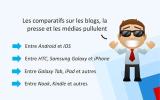Les comparatifs sur les blogs, la
  presse et les médias pullulent

 Entre Android et iOS

Entre HTC, Samsung Galaxy et iPhone

Entre Galaxy Tab, iPad et autres

Entre Nook, Kindle et autres
 