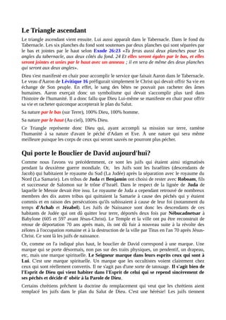 Le Triangle ascendant
Le triangle ascendant vient ensuite. Lui aussi apparaît dans le Tabernacle. Dans le fond du
Tabernacle. Les six planches du fond sont soutenues par deux planches qui sont séparées par
le bas et jointes par le haut selon Exode 26:23 «Tu feras aussi deux planches pour les
angles du tabernacle, aux deux côtés du fond. 24 Et elles seront égales par le bas, et elles
seront jointes et unies par le haut avec un anneau ; il en sera de même des deux planches
qui seront aux deux angles».
Dieu s'est manifesté en chair pour accomplir le service que faisait Aaron dans le Tabernacle.
Le veau d'Aaron de Lévitique 16 préfigurait simplement le Christ qui devait offrir Sa vie en
échange de Son peuple. En effet, le sang des bêtes ne pouvait pas racheter des âmes
humaines. Aaron exerçait donc un symbolisme qui devait s'accomplir plus tard dans
l'histoire de l'humanité. Il a donc fallu que Dieu Lui-même se manifeste en chair pour offrir
sa vie et racheter quiconque accepterait le plan du Salut.
Sa nature par le bas (sur Terre), 100% Dieu, 100% homme.
Sa nature par le haut (Au ciel), 100% Dieu.
Ce Triangle représente donc Dieu qui, ayant accompli sa mission sur terre, ramène
l'humanité à sa nature d'avant le péché d'Adam et Eve. À une nature qui sera même
meilleure puisque les corps de ceux qui seront sauvés ne pourront plus pécher.
Qui porte le Bouclier de David aujourd'hui?
Comme nous l'avons vu précédemment, ce sont les juifs qui étaient ainsi stigmatisés
pendant la deuxième guerre mondiale. Or, les Juifs sont les Israélites (descendants de
Jacob) qui habitaient le royaume du Sud (La Judée) après la séparation avec le royaume du
Nord (La Samarie). Les tribus de Juda et Benjamin ont choisi de rester avec Roboam, fils
et successeur de Salomon sur le trône d’Israël. Dans le respect de la lignée de Juda de
laquelle le Messie devait être issu. Le royaume de Juda a cependant retrouvé de nombreux
membres des dix autres tribus qui quittaient la Samarie à cause des péchés qui y étaient
commis et en raison des persécutions qu'ils subissaient à cause de leur foi (notamment du
temps d'Achab et Jézabel). Les Juifs de Naissance sont donc les descendants de ces
habitants de Judée qui ont dû quitter leur terre, déportés deux fois par Nébucadnetsar à
Babylone (605 et 597 avant Jésus-Christ). Le Temple et la ville ont pu être reconstruit de
retour de déportation 70 ans après mais, ils ont dû fuir à nouveau suite à la révolte des
zélotes à l'occupation romaine et à la destruction de la ville par Titus en l'an 70 après Jésus-
Christ. Ce sont là les juifs de naissance.
Or, comme on l'a indiqué plus haut, le bouclier de David correspond à une marque. Une
marque qui se porte désormais, non pas sur des traits physiques, un pendentif, un drapeau,
etc, mais une marque spirituelle. Le Seigneur marque dans leurs esprits ceux qui sont à
Lui. C'est une marque spirituelle. Un marque que les occultistes voient clairement chez
ceux qui sont réellement convertis. Il ne s'agit pas d'une sorte de tatouage. Il s'agit bien de
l'Esprit de Dieu qui vient habiter dans l'Esprit de celui qui se repend sincèrement de
ses péchés et décide d' obéir à la Parole de Dieu.
Certains chrétiens prêchent la doctrine du remplacement qui veut que les chrétiens aient
remplacé les juifs dans le plan du Salut de Dieu. C'est une hérésie! Les juifs tiennent
 