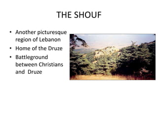 THE SHOUF
• Another picturesque
region of Lebanon
• Home of the Druze
• Battleground
between Christians
and Druze
 