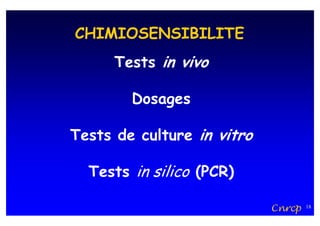 CHIMIOSENSIBILITE
      Tests in vivo

        Dosages

Tests de culture in vitro

  Tests in silico (PCR)

                            Cnrcp   18
 